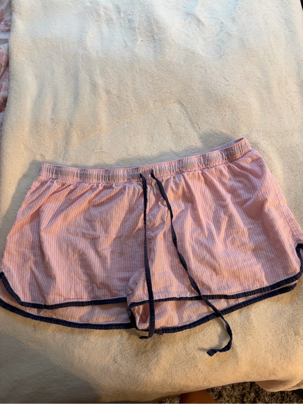 Women's Pink Stripe Sleep Shorts with Navy Trim